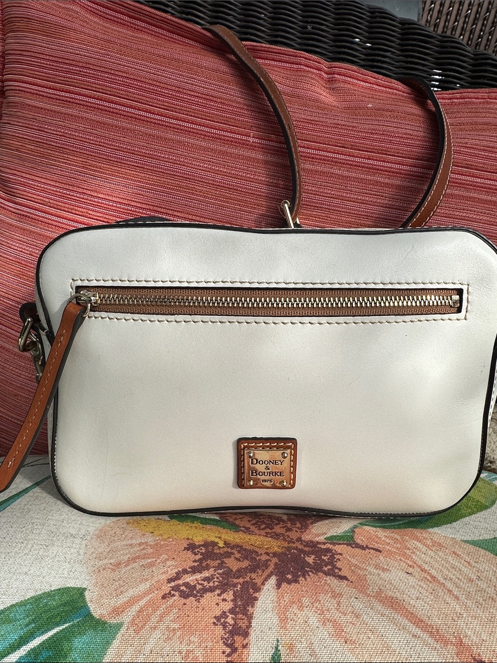 Dooney & Bourke Cream Leather Crossbody with Tan Trim
